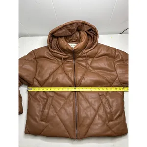 SEBBY Collection Faux Leather Short Crop Puffer Jacket In Toffee Size L. thumbnail 4