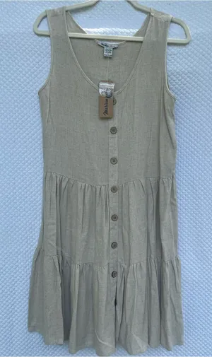Marissa Olivia Women’s Small Oatmeal Linen Blend Tiered Button Front Midi Dress thumbnail 1