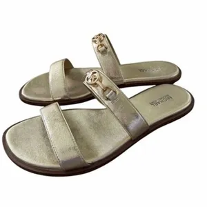 Michael Kors Gold Metallic MK Logo Double Strap Slide Sandals Size 8M thumbnail 2