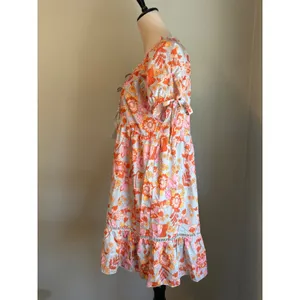 Boho Floral TasselTie Mini Dress Orange Pink Blue Retro boho cottage fairy M NEW thumbnail 4
