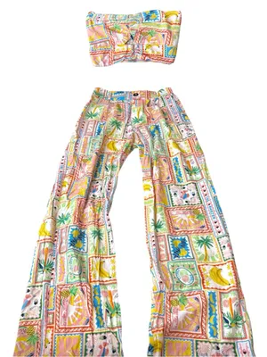 🌞 S/M Multicolor Tropical Postcard Print Linen Pants Set Pink thumbnail 1