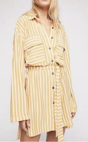 Free People Beach Women's Striped Shirt Dress Size Small Belted Yellow White‎ thumbnail 1