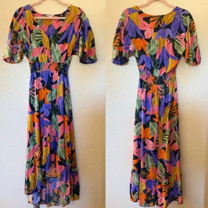 Abel The Label Tropical Floral High Low Maxi Dress Smocked Waist Womens Small‎ thumbnail 3