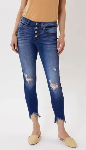 Kancan High Rise Medium Wash Distressed Raw Hem Skinny Jeans 15/31 #785 thumbnail 1