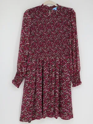 Draper James RSVP Smocked Floral Dress L Burgundy Metallic Long Sleeve Cottageco thumbnail 2