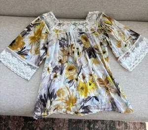 Karen Kane Floral Lace Peasant Blouse L 2010s Boho Chic Revival Whimsy Fairy thumbnail 1