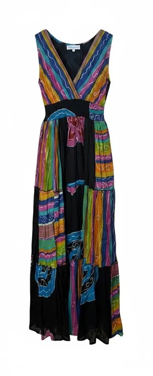 The Paragon Womens Cotton Boho Maxi Dress Multicolor Striped Smocked Waist M thumbnail 1