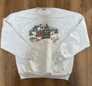 VTG 90s Jerzees Christmas Snowman Crewneck Sweatshirt Womens L Winter Scene‎ thumbnail 1