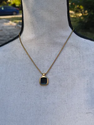 Gold-Tone Necklace with Black Square Pendant - Women Jewelry thumbnail 1