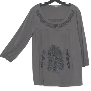 Garnet Hill Top 3/4 Sleeve Embroidered Minimalist Boho Ethereal Floral Gray XL thumbnail 7