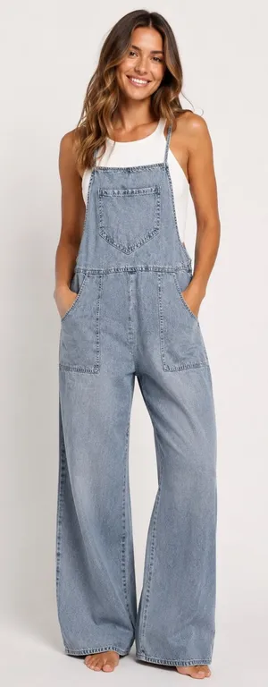 En Crême Light Wash Oversized Overalls thumbnail 1