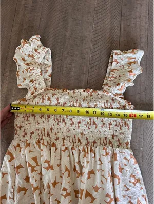 Doe and Rae Rust Floral Print Smocked Ruffle Sleeve Maci Dress Women’s Large thumbnail 9
