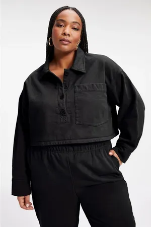 Good American Women's Black Cropped Fleece Polo Sweatshirt Top Size 2 /‎ Medium thumbnail 1