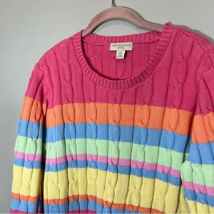 Appleseeds Women’s Striped‎ Pastel Rainbow Sweater Cable Knit Chunky PXL thumbnail 2