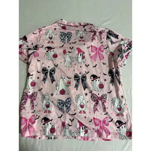 Pink Halloween Ghost Bow Pajama Set Short Sleeve Button Down Shorts Womens Large thumbnail 6