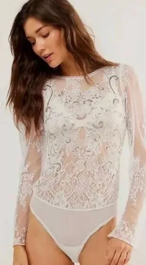 NWT $168 FREE PEOPLE Ready To Party Bodysuit White Embellished Lace Mesh Sheer S thumbnail 1