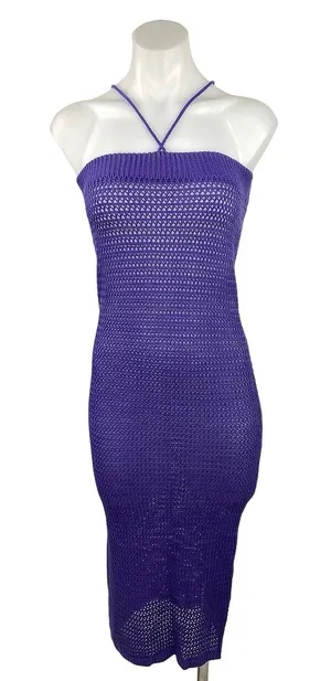 Womens Purple Open Knit Crochet Halter Bodycon Summer Swim Coverup Dress Size M thumbnail 1