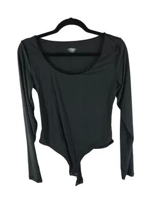 ShaperX Long Sleeve Bodysuit Snap Closure Thong Scoop Neck Black L thumbnail 1