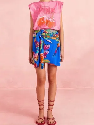 Farm Rio Pink Organic Cotton Tie Dye Coconut Shoulder Pad Slouchy Graphic Tee XS thumbnail 2