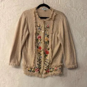 Haband Floral Embroidered Fringed Cardigan Sweater Beige Tan Large Vintage Style thumbnail 1