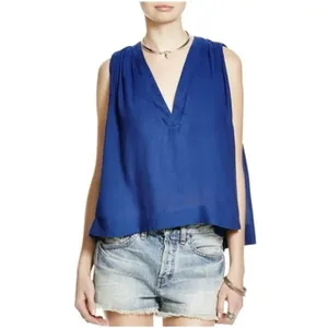 Free People Small Tank Top Pleated Back Boho V-Neck Oversized Royal Blue thumbnail 2