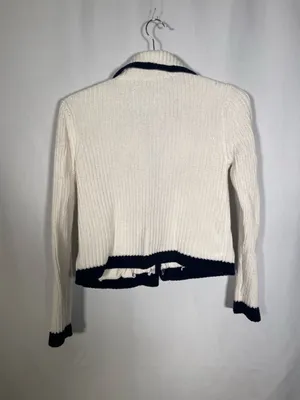 Loft Womens Tipped Ribbed Button Down Sweater Cream Navy Small thumbnail 6
