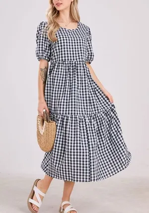NEW Lantern Puff Sleeve Plaid Gingham Swing Tiered Midi Dress M thumbnail 1
