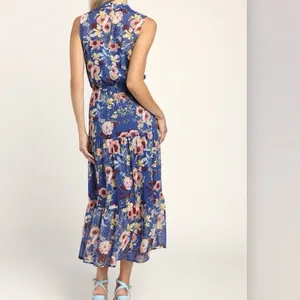 Lulus In My Dreams Blue Floral Sleeveless Chiffon Midi Dress LARGE Wedding thumbnail 4