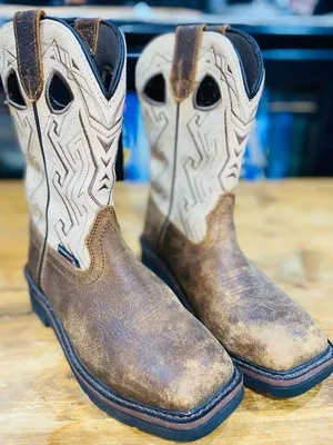 Ariat Wolverine size 5.5 Brown and tan leather cowboy work boots with steel toe thumbnail 1