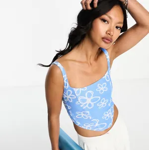 Glamorous Crop Top Women’s Size US 12 Blue White Floral Structured Corset NWT thumbnail 6
