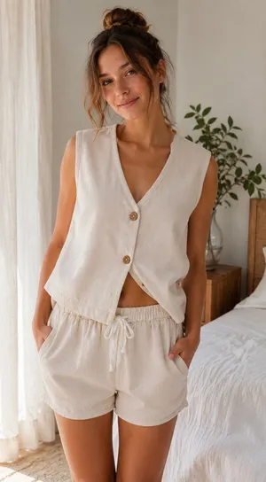 NEW Free People So Fresh Wet Plaster Neutral Button Vest Relaxed Lounge Set XS thumbnail 1