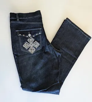 NWT Womens 12 Dark Wash Stretch Bootcut Jeans Y2K Bling Rhinestone Cross Pockets thumbnail 14