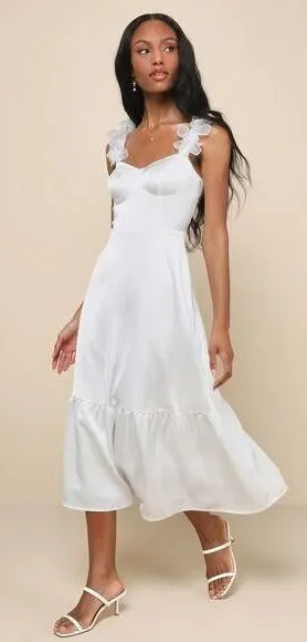 NWOT Lulus Divinely Charming White Satin Floral Applique Bustier Midi Dress M thumbnail 1