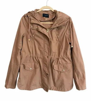 Love Tree Tan Hooded Utility Jacket Field Coat Lightweight 100% Cotton Sz Large thumbnail 1