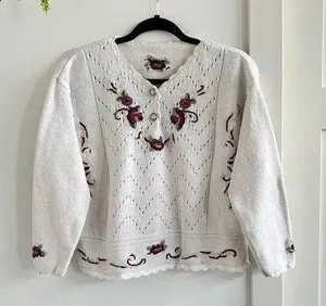 Handmade Vintage Women's Unique Floral Knit White Sweater Button Details Medium thumbnail 1