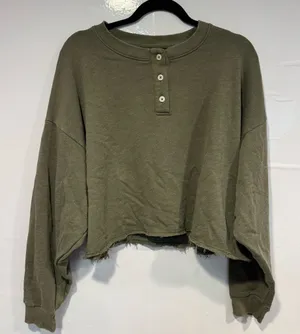 Olive‎ Green Women's Cropped Henley Top thumbnail 1