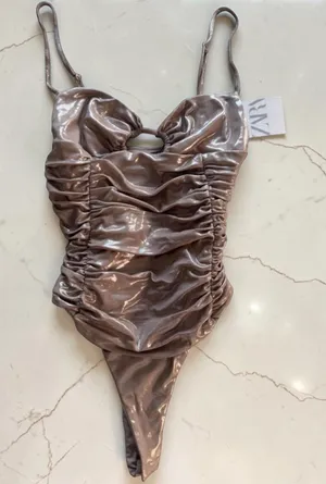 Zara Ruched Metallic Bodysuit in Bronze thumbnail 1