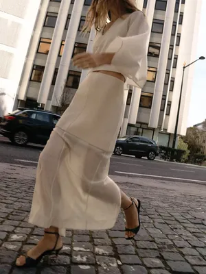 Zara NWT SET Cream V-Neck Balloon Sleeve Top & Skirt thumbnail 3