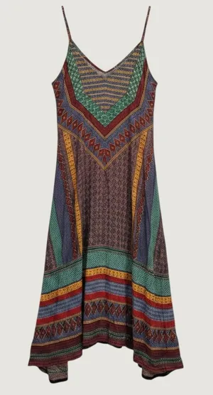 213 | Devi Boho Gypsy Geometric Print Flowy Rayon Maxi Dress Multicolor Womens M thumbnail 1