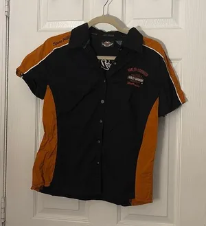 Harley Davidson Black and Orange Short Sleeved Button Up Shirt Size Large thumbnail 1