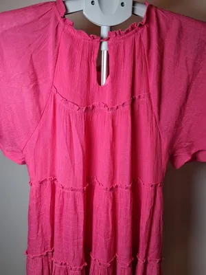 &merci Hot Pink Tiered Midi Dress w/ Short Sleeves Pockets Lined Women's Size L thumbnail 9