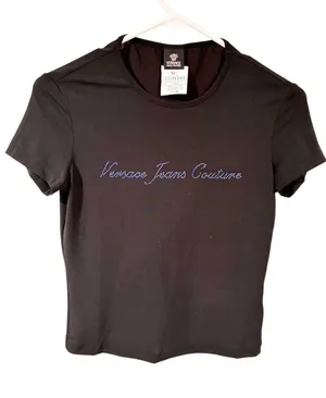 Vintage Versace Jeans Couture Women Black Short Sleeve Blue Rhinestone Medium thumbnail 1