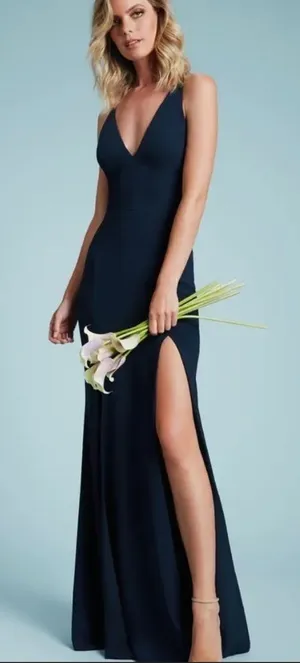 NWOT Dress the Population Iris Slit Crepe navy Gown sz XS thumbnail 1
