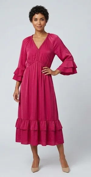 Kobi Halperin Bryant Red Braided V-Neck Ruffle Sleeve Midi Dress Size Small thumbnail 1