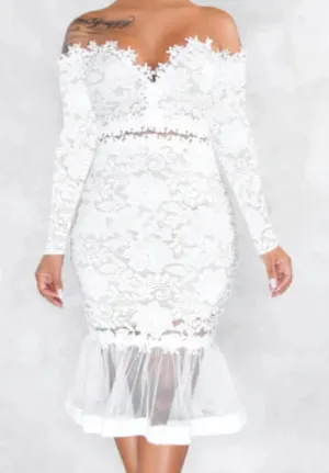 White Floral Lace Long Sleeve Off the Shoulder BodyCon Party Dress Size M *READ thumbnail 1