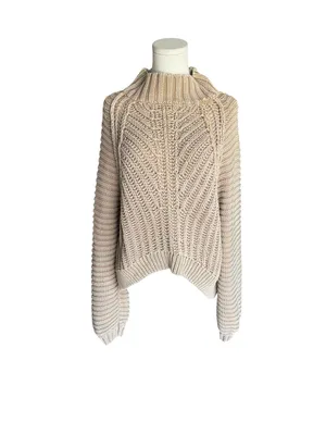 Free People - Sweetheart Mock Neck Chunky Cable Knit Sweater Sand Castle Sz M thumbnail 3