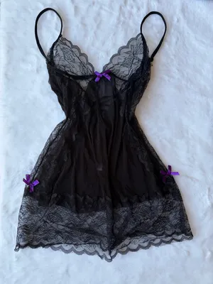 Y2K Black Lace Bow Slip Dress Sheer Mesh Babydoll Lingerie Nightgown thumbnail 2