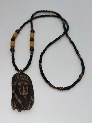 Handcraftede Black and Brown Beaded Necklace with Native Chief Pendant thumbnail 1