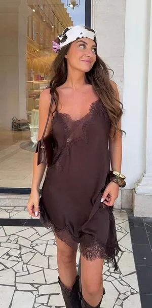 Zara Elegant Brown Lace Slip Satin Mini Asymmetric Dress blogger favorite thumbnail 1