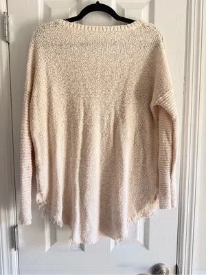 Free People Cross My Heart Distressed Knit Crochet‎ Sweater Jumper Cream Small thumbnail 2